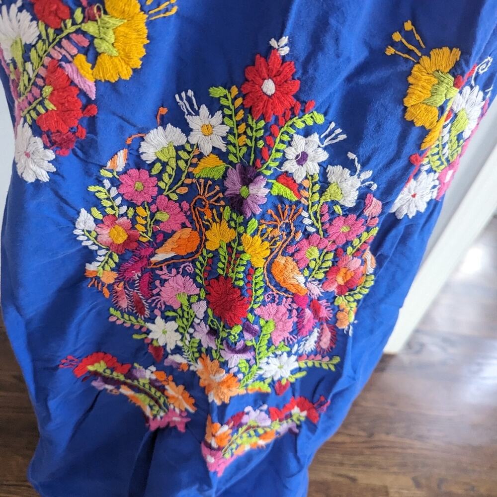 Vintage Puebla Maxi Dress Small 70s Blue Colorful Flower Basket Cotton - Picture 3 of 10
